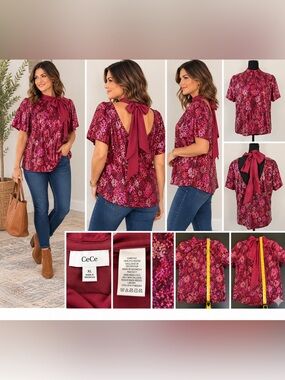 CeCe NWT Pink Burgundy Floral Sequin Bow Back Blouse XL